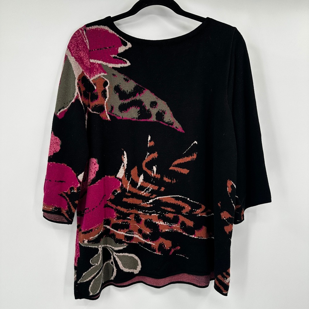 Chicos Black Pink Floral Leopard Knit Top 3/4 Sleeve Size 2 Large Artsy Bold - Picture 5 of 8